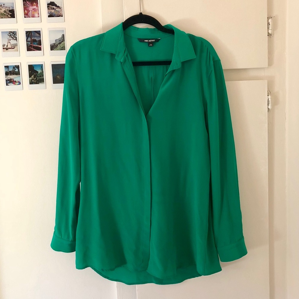 Green Silk Concealed Button Back Slit Blouse